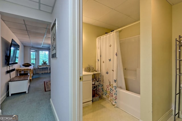 327 Kissimmee Trl, Cornelia, GA 30531 - full bathroom with a paneled ceiling, shower / bathtub combination with curtain, baseboards, and vanity
