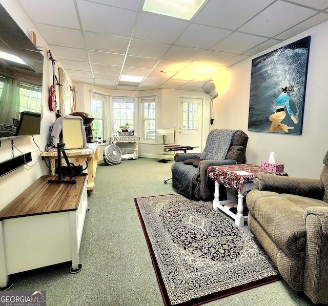 carpeted living area with a drop ceiling