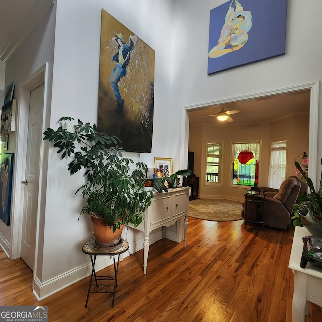 hallway with baseboards and wood finished floors