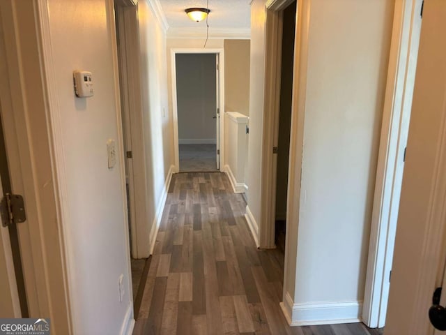 4234 Winston Cir, Atlanta, GA 30349 - hall featuring baseboards, dark wood-style flooring, and crown molding