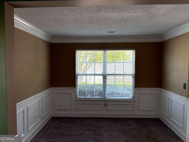 4234 Winston Cir, Atlanta, GA 30349 - spare room with a textured ceiling, dark colored carpet, visible vents, and a wainscoted wall