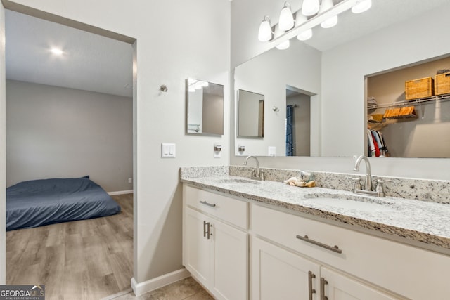 full bathroom with double vanity, baseboards, a sink, and a walk in closet