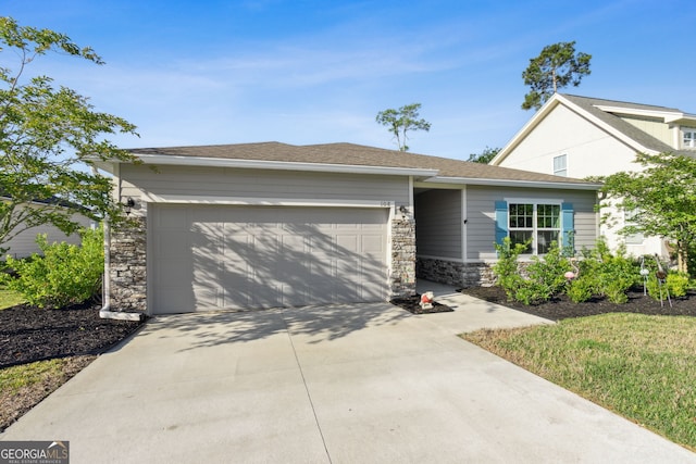ranch-style house with stone siding, an attached garage, and concrete driveway