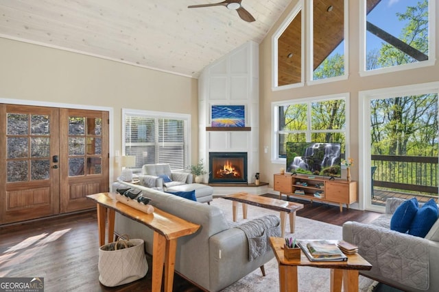 1016 Twisted Oak Rd Unit 115, Talking Rock, GA 30175 - living area featuring a ceiling fan, a large fireplace, dark wood-style floors, high vaulted ceiling, and wood ceiling