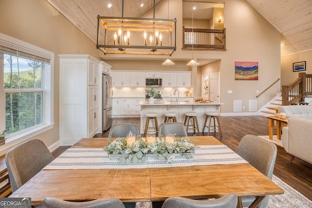 1016 Twisted Oak Rd Unit 115, Talking Rock, GA 30175 - dining area featuring high vaulted ceiling, wooden ceiling, stairs, dark wood-style flooring, and recessed lighting