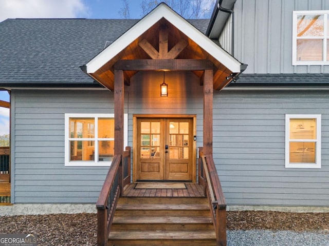 1016 Twisted Oak Rd Unit 115, Talking Rock, GA 30175 - doorway to property with board and batten siding, french doors, and roof with shingles