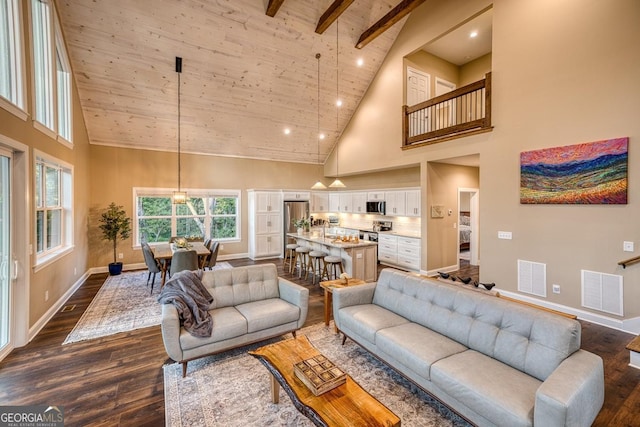 1016 Twisted Oak Rd Unit 115, Talking Rock, GA 30175 - living area with high vaulted ceiling, dark wood-style flooring, a wooden ceiling with exposed beams, and recessed lighting
