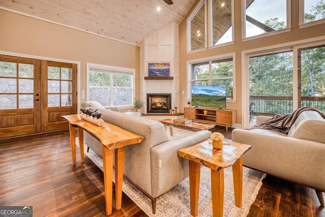 1016 Twisted Oak Rd Unit 115, Talking Rock, GA 30175 - living area featuring high vaulted ceiling, wood finished floors, a fireplace with raised hearth, plenty of natural light, and wooden ceiling