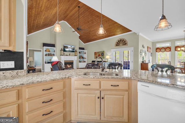 kitchen with wood ceiling, open floor plan, white dishwasher, and a sink