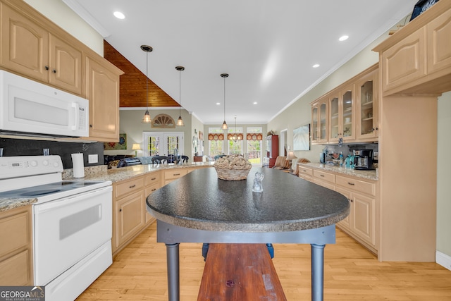 kitchen with light wood-type flooring, glass insert cabinets, white appliances, and ornamental molding