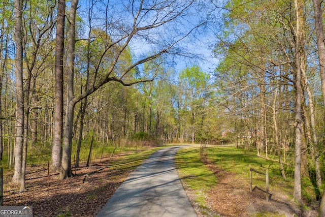 view of street featuring a forest view