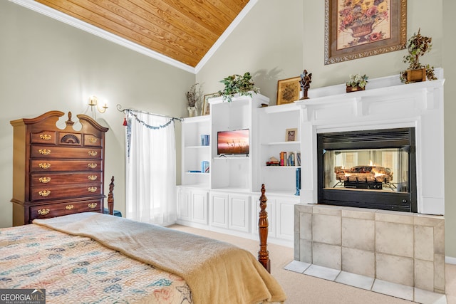 carpeted bedroom with a multi sided fireplace, vaulted ceiling, wooden ceiling, and ornamental molding