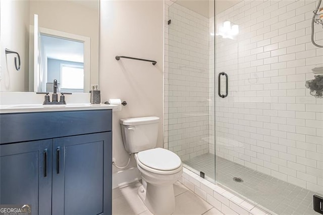 820 Fair View Cir, Roswell, GA 30076 - full bathroom featuring tile patterned floors, vanity, a shower stall, and toilet