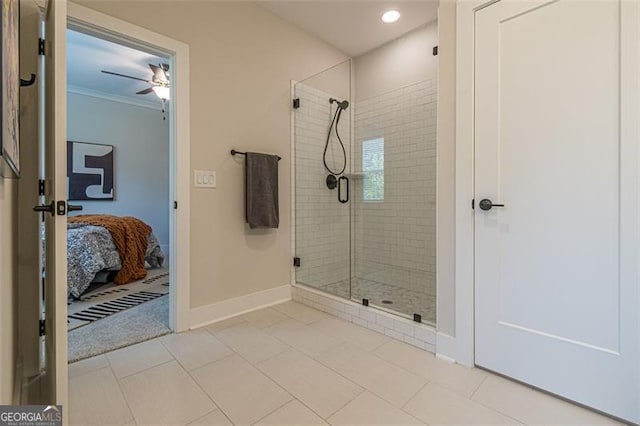 820 Fair View Cir, Roswell, GA 30076 - full bath with a stall shower, baseboards, a ceiling fan, ensuite bath, and ornamental molding
