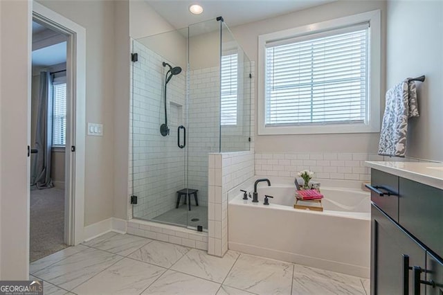 820 Fair View Cir, Roswell, GA 30076 - bathroom featuring a stall shower, a bath, vanity, marble finish floor, and baseboards