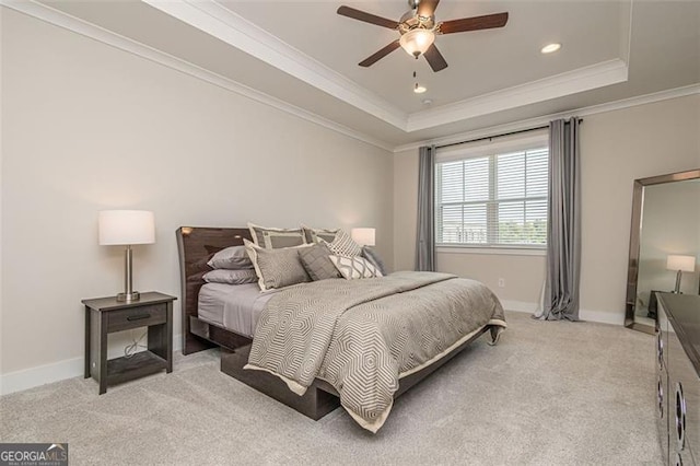 820 Fair View Cir, Roswell, GA 30076 - bedroom with light carpet, baseboards, a tray ceiling, and crown molding