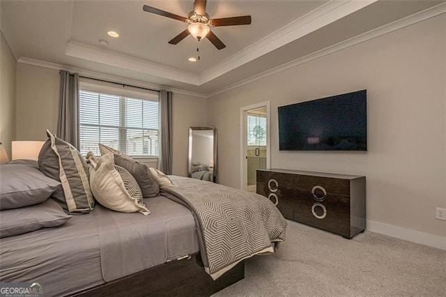 820 Fair View Cir, Roswell, GA 30076 - carpeted bedroom featuring ceiling fan, a tray ceiling, baseboards, ornamental molding, and recessed lighting