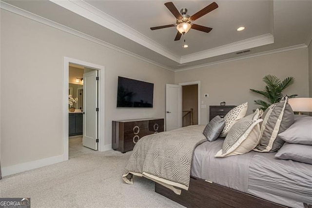 820 Fair View Cir, Roswell, GA 30076 - bedroom featuring crown molding, a raised ceiling, baseboards, visible vents, and recessed lighting