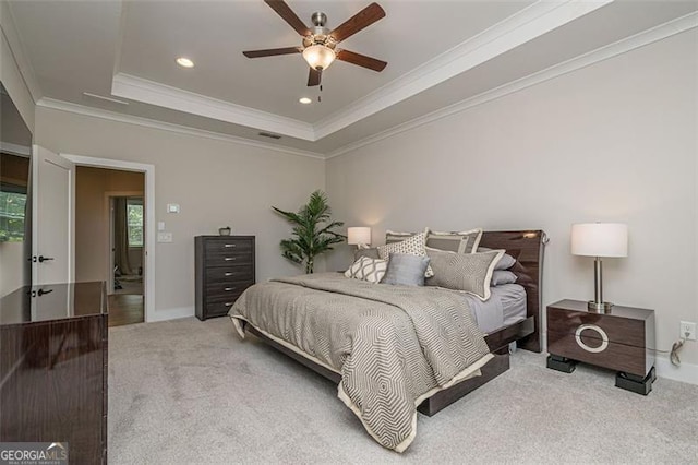820 Fair View Cir, Roswell, GA 30076 - bedroom with ornamental molding, a tray ceiling, recessed lighting, and light colored carpet