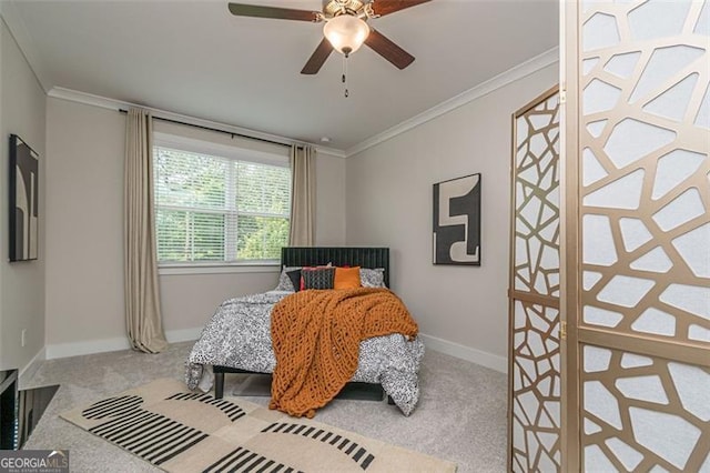 820 Fair View Cir, Roswell, GA 30076 - carpeted bedroom featuring ceiling fan, baseboards, and ornamental molding