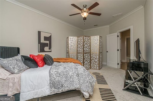 820 Fair View Cir, Roswell, GA 30076 - carpeted bedroom featuring ceiling fan, crown molding, and visible vents