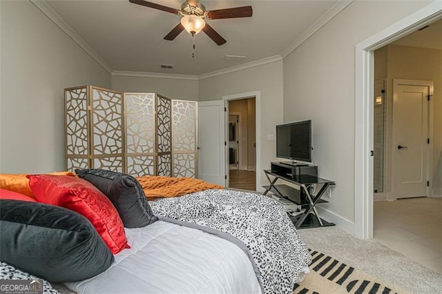 820 Fair View Cir, Roswell, GA 30076 - bedroom featuring baseboards, visible vents, carpet, a ceiling fan, and crown molding