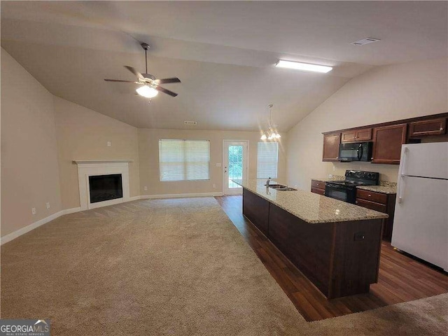 115 Heather Ln, Commerce, GA 30529 - kitchen with a ceiling fan, dark brown cabinets, a sink, black appliances, and lofted ceiling