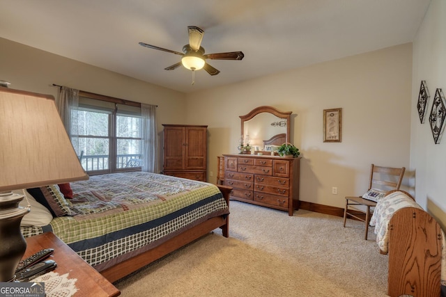 bedroom with light carpet, baseboards, and ceiling fan
