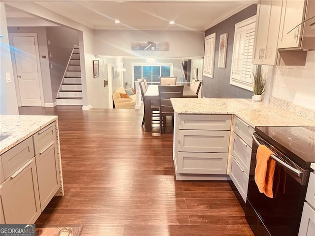 3629 Embry Cir, Atlanta, GA 30341 - kitchen featuring light stone counters, dark wood finished floors, ornamental molding, black range with electric stovetop, and recessed lighting