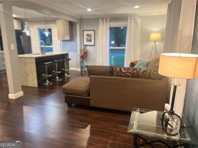 3629 Embry Cir, Atlanta, GA 30341 - living room with baseboards, dark wood-style floors, recessed lighting, and ornamental molding
