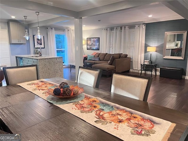 3629 Embry Cir, Atlanta, GA 30341 - dining area featuring baseboards, recessed lighting, ornamental molding, and dark wood-style flooring