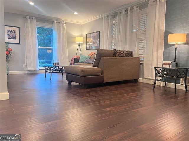 3629 Embry Cir, Atlanta, GA 30341 - living room featuring baseboards, ornamental molding, wood finished floors, and recessed lighting