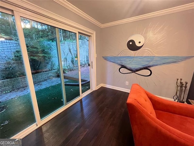 3629 Embry Cir, Atlanta, GA 30341 - living area with crown molding, baseboards, and dark wood-style flooring