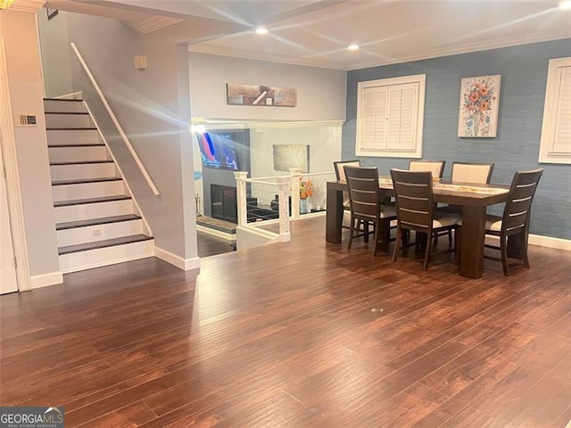 3629 Embry Cir, Atlanta, GA 30341 - dining area featuring crown molding, baseboards, stairs, and wood-type flooring