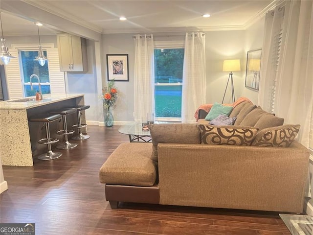 3629 Embry Cir, Atlanta, GA 30341 - living area with baseboards, recessed lighting, dark wood-type flooring, and ornamental molding