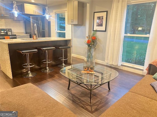 3629 Embry Cir, Atlanta, GA 30341 - interior space featuring baseboards, dark wood-style flooring, crown molding, and plenty of natural light