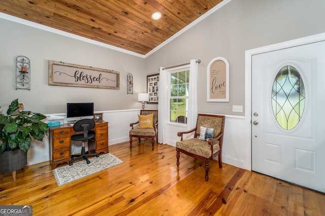 3636 Echols St, Patterson, GA 31557 - office area featuring vaulted ceiling, crown molding, hardwood / wood-style floors, a wainscoted wall, and wooden ceiling