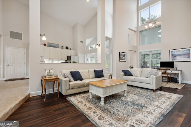 547 E Cardinal Cir, Saint Marys, GA 31558 - living room with dark wood-type flooring, baseboards, visible vents, and high vaulted ceiling