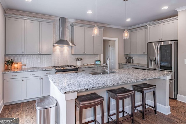 2675 Sugar Mill Dr, Atlanta, GA 30316 - kitchen featuring dark wood-style flooring, wall chimney range hood, gray cabinets, a sink, and stainless steel appliances