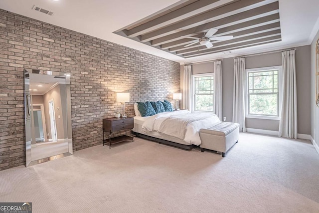 2675 Sugar Mill Dr, Atlanta, GA 30316 - bedroom featuring carpet flooring, brick wall, visible vents, and ceiling fan