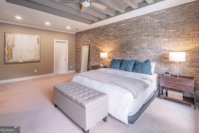 2675 Sugar Mill Dr, Atlanta, GA 30316 - carpeted bedroom featuring recessed lighting, brick wall, baseboards, and beam ceiling