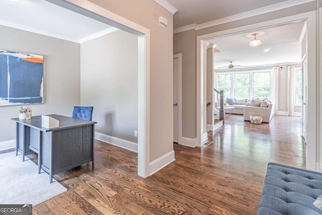 2675 Sugar Mill Dr, Atlanta, GA 30316 - office with crown molding, baseboards, ceiling fan, and wood finished floors
