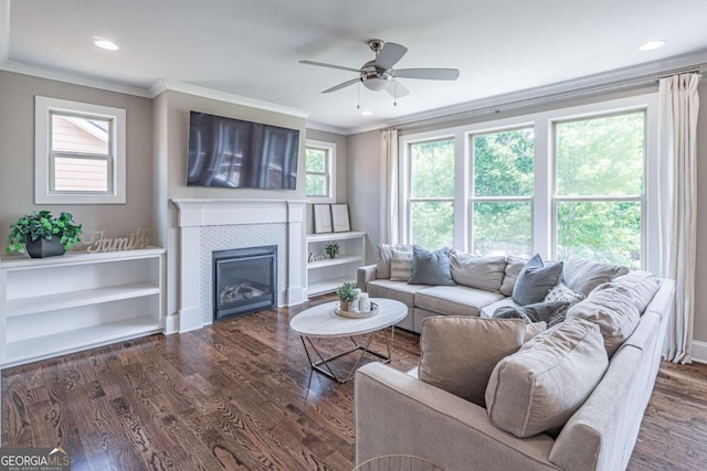 2675 Sugar Mill Dr, Atlanta, GA 30316 - living area featuring crown molding, wood finished floors, a fireplace, baseboards, and ceiling fan