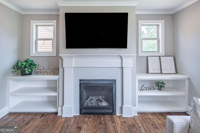 2675 Sugar Mill Dr, Atlanta, GA 30316 - room details with crown molding, wood finished floors, and a tile fireplace