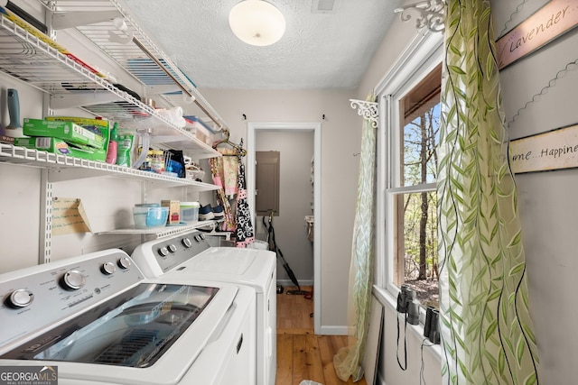 366 Crabapple Rdg, Clarkesville, GA 30523 - laundry area featuring wood finished floors, washer and clothes dryer, a textured ceiling, baseboards, and laundry area