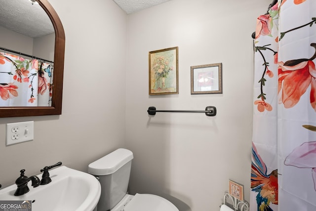 366 Crabapple Rdg, Clarkesville, GA 30523 - bathroom with a shower with curtain, a sink, a textured ceiling, and toilet