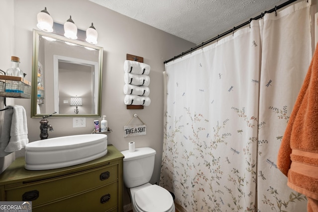 366 Crabapple Rdg, Clarkesville, GA 30523 - bathroom with toilet, a shower with shower curtain, vanity, and a textured ceiling