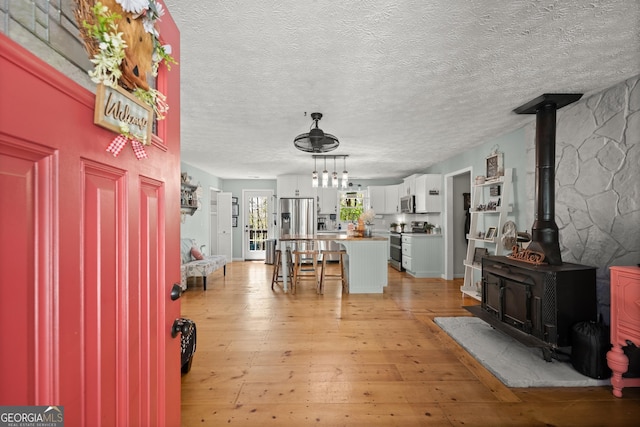 366 Crabapple Rdg, Clarkesville, GA 30523 - interior space with light wood-style flooring, a textured ceiling, and a wood stove