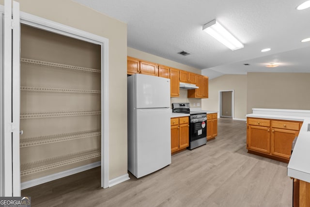 203 Old Pond Dr W, Kingsland, GA 31548 - kitchen featuring freestanding refrigerator, stainless steel range with electric stovetop, under cabinet range hood, baseboards, and vaulted ceiling