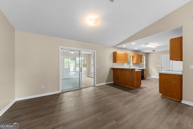 203 Old Pond Dr W, Kingsland, GA 31548 - kitchen with open floor plan, a peninsula, brown cabinetry, light countertops, and dark wood-style floors